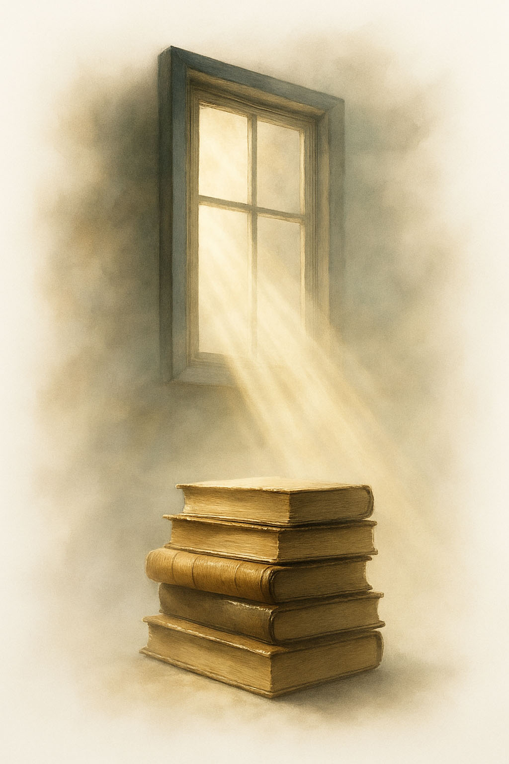 Stacks of books by a window
